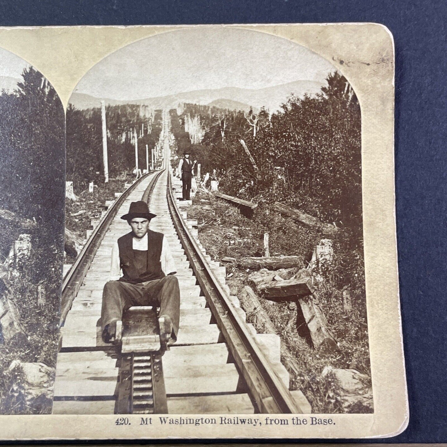 Railroad Worker Missing an Arm Stereoview Mt Washington Railway c1870s Y1477