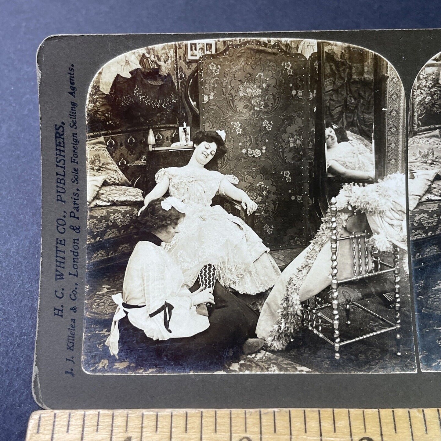 Antique 1902 Maid Servant Massages Womans Ankles Stereoview Photo Card P2993