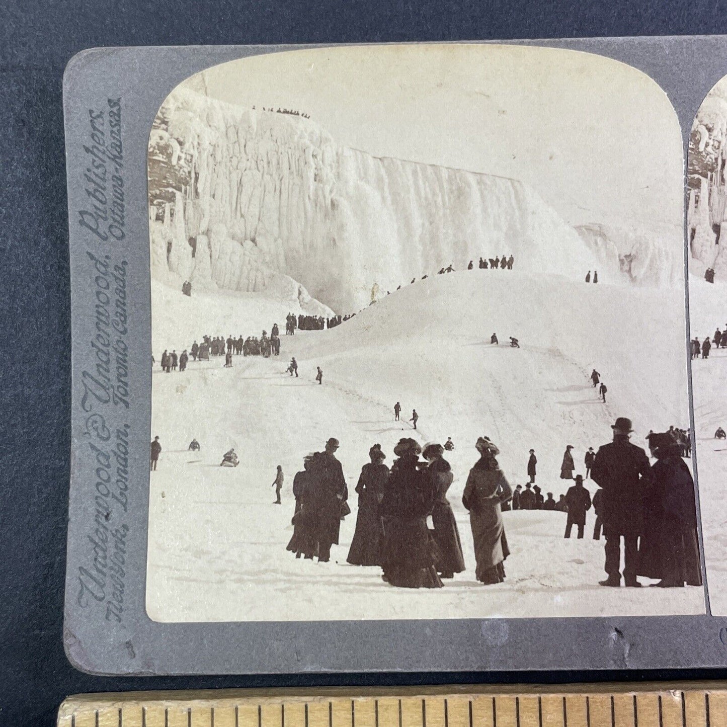 People Skiing and Sledding at Base of Niagara Falls Stereoview c1902 Y1253
