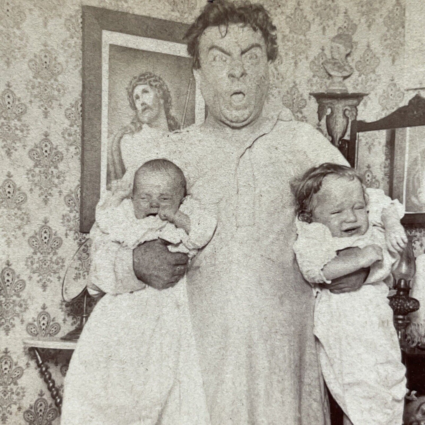 Antique 1897 Exhausted Dad With Crying Babies Stereoview Photo Card P2392