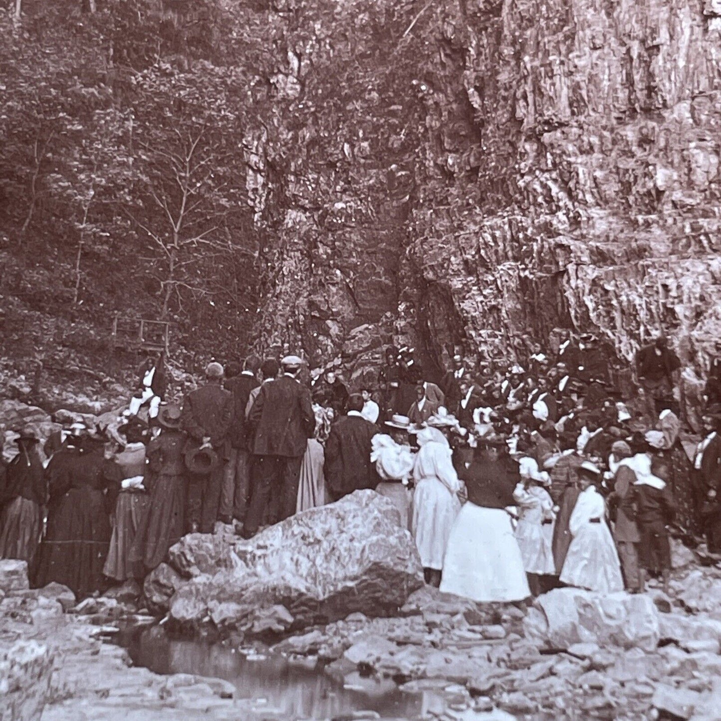 Antique 1898 Christian Baptism Natural Bridge VA Stereoview Photo Card PC835