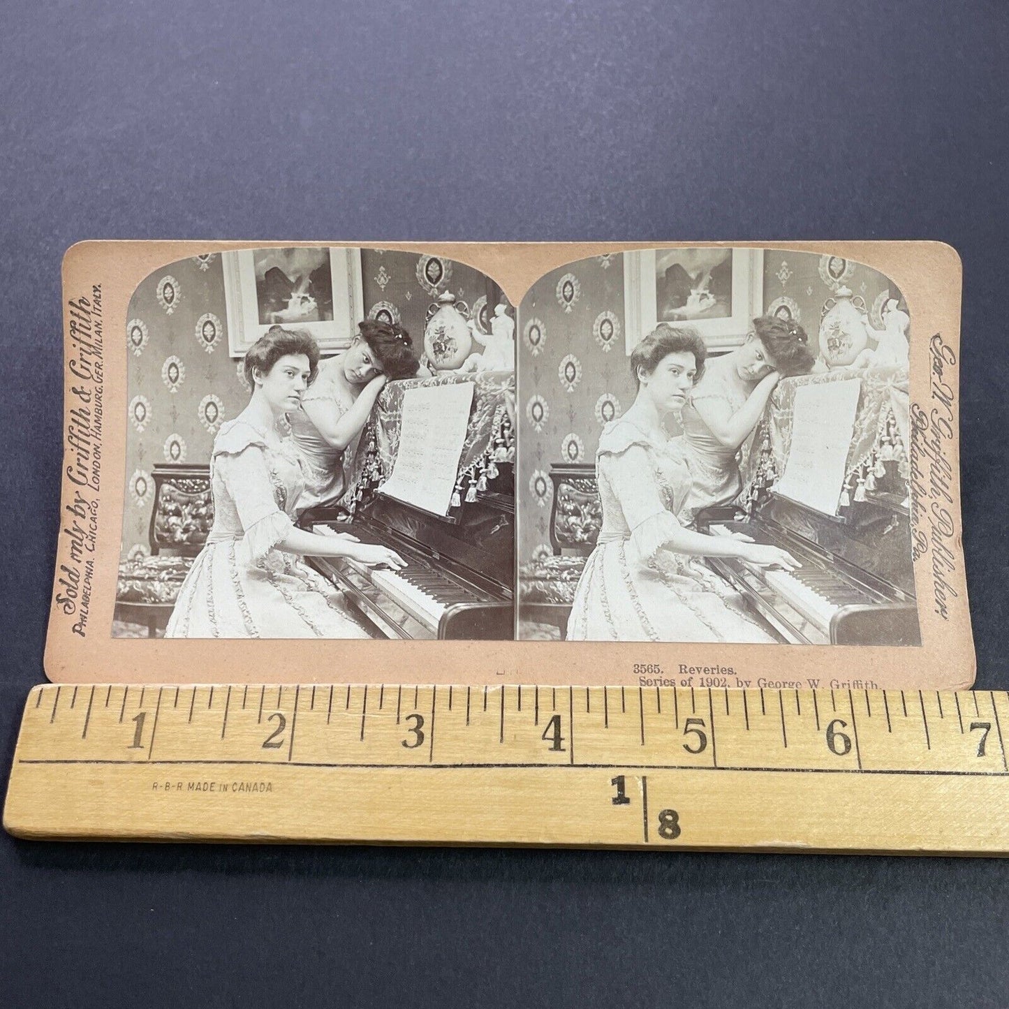 Antique 1902 Sisters Practice Piano Together Stereoview Photo Card P3540