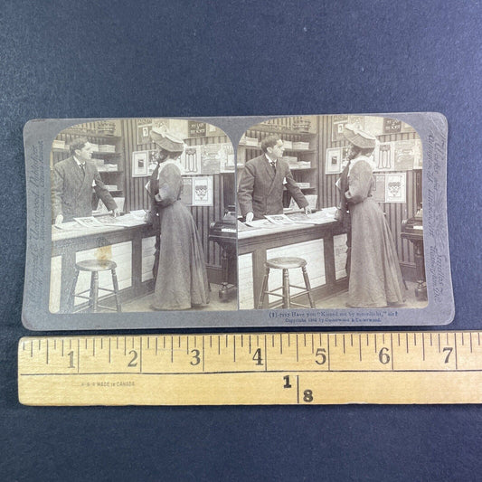 Woman in a Magazine Shop Store Stereoview Newspaper Stand Antique c1905 Y2500