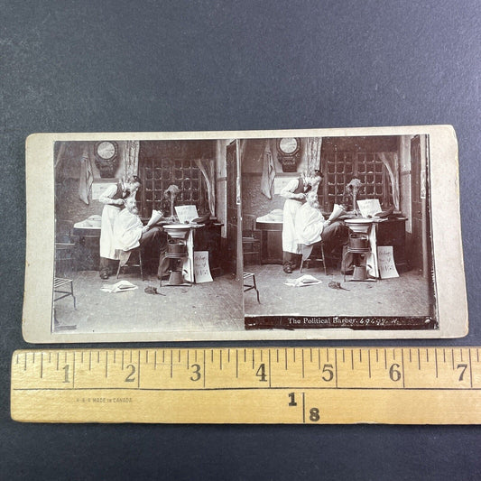 Barber Reads Mans Newspaper Distracted Stereoview Antique c1880 Y1338