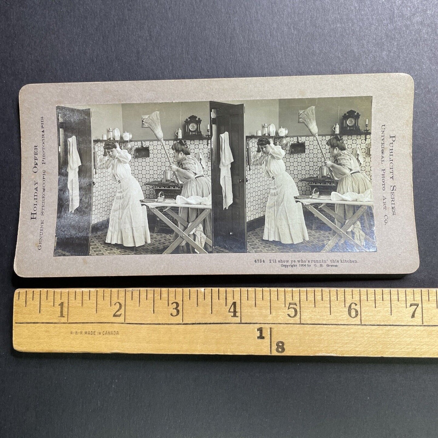 Antique 1906 Wife Chases Mistress Out Of Kitchen Stereoview Photo Card P1644