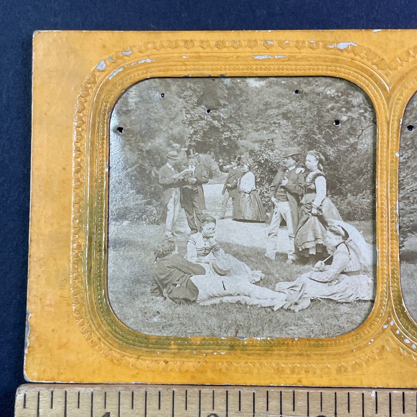 Wealthy Men And Women In Park Stereoview French Tissue Antique c1860s XT2112