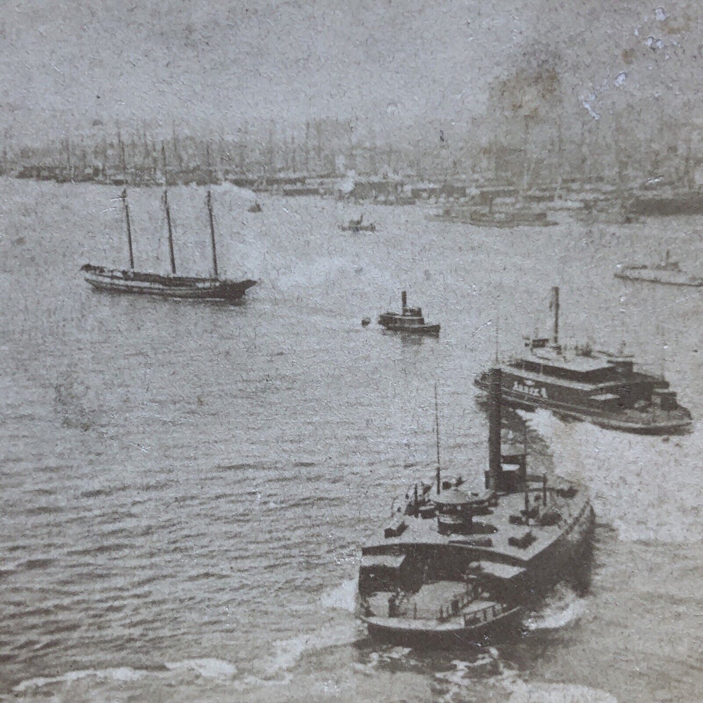 Antique 1894 Cargo Ships Hudson River Manhattan NY Stereoview Photo Card P1963