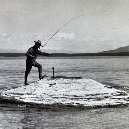 Antique 1910s Fishing Hot Springs Geyser Yellowstone Stereoview Photo Card P3171