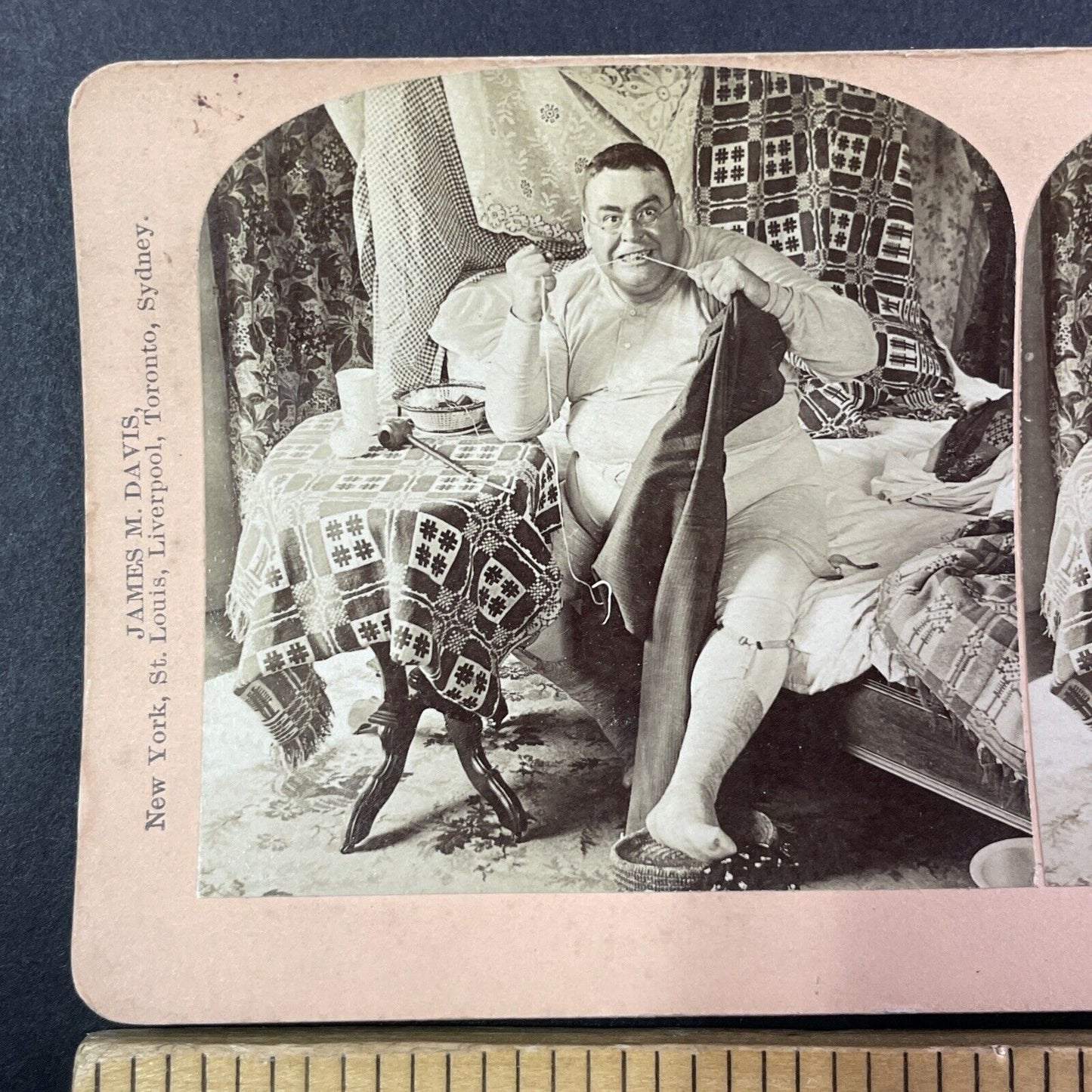 Man Flosses his Teeth with Sewing Thread Stereoview Antique c1893 Y1806