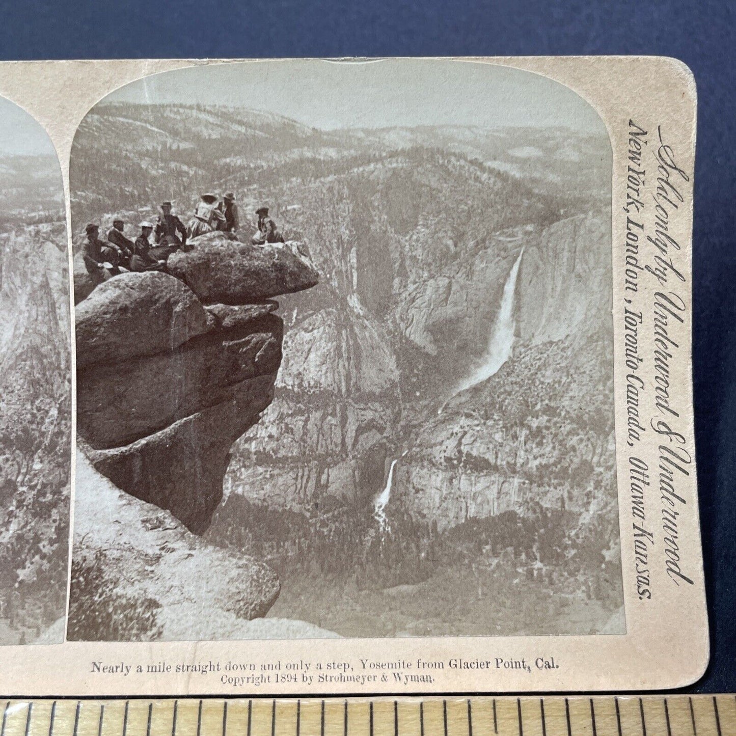 Antique 1894 Daredevils Pile Up Cliff Edge Yosemite Stereoview Photo Card V3281