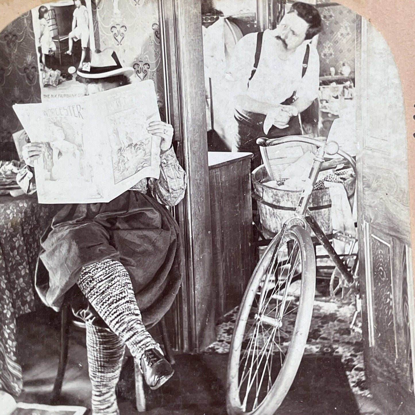 Suffragette Feminist Gets Man To Wash Dishes Stereoview Antique c1899 X4123