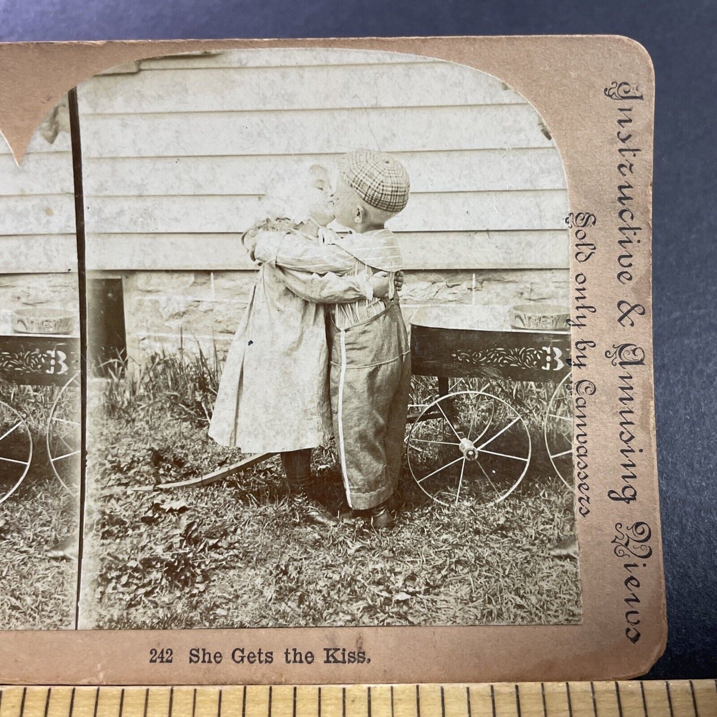 Antique 1880s Boy And Girl Kiss Near Wagon Stereoview Photo Card P4045