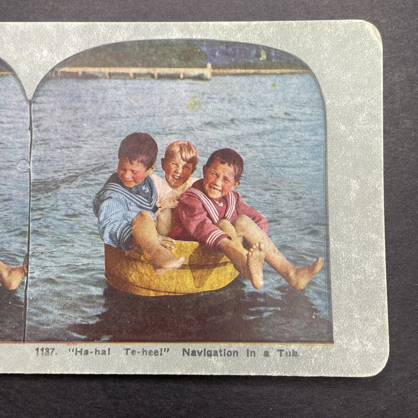 Antique 1898 Boys In A Wash Bucket Boat Stereoview Photo Card P580-040