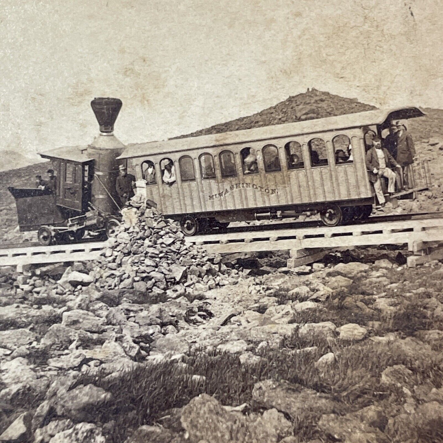 Mount Washington First Railroad Passenger Train Stereoview Antique c1868 X912