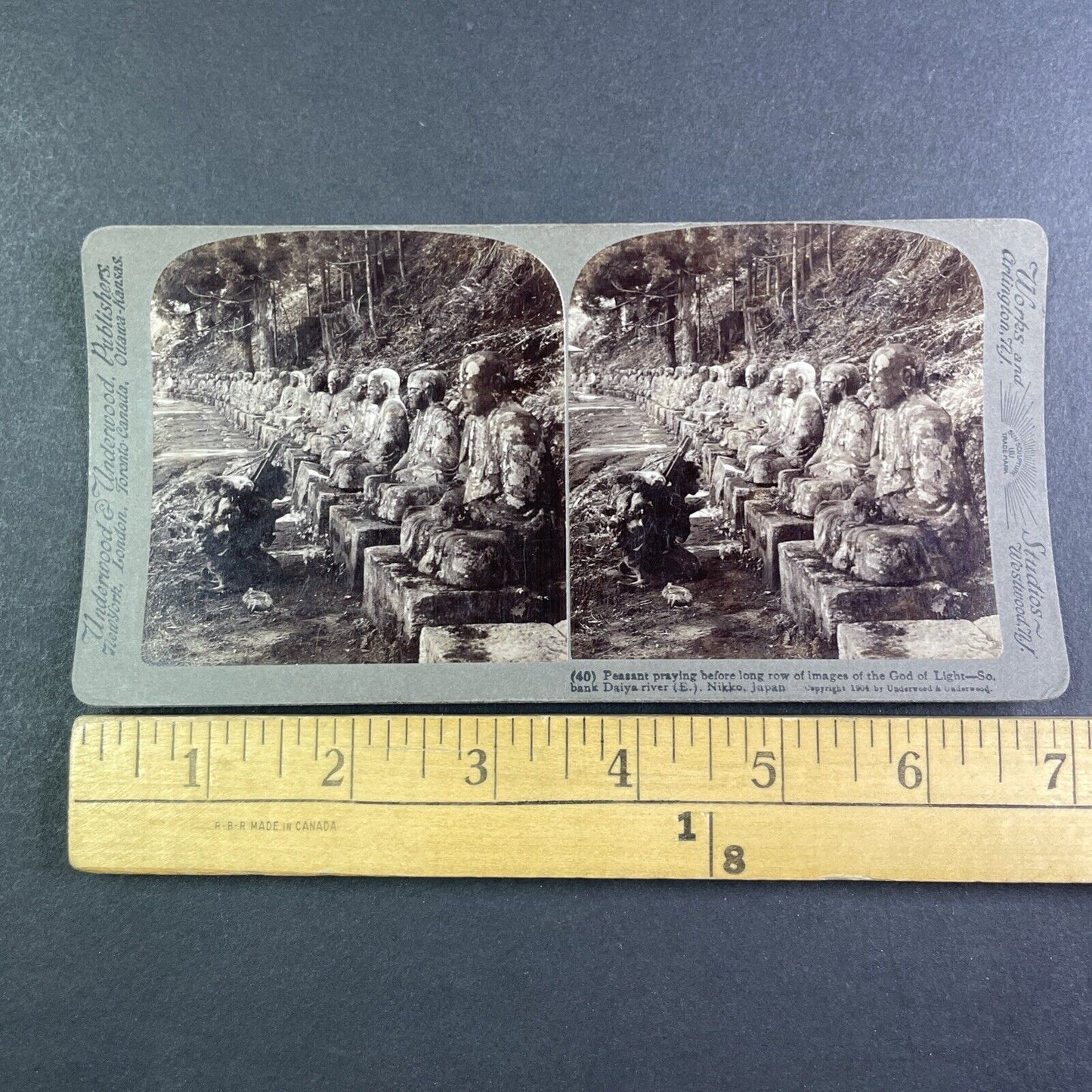 Worshipper Prays to Stone Gods in Nikko Japan Stereoview Antique c1904 Y2598