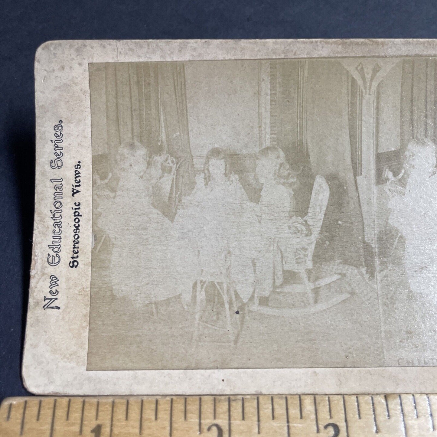 Antique 1870s Little Girls Have A Tea Party Stereoview Photo Card P4716