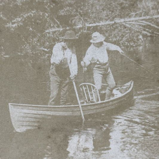 Antique 1870s Men Fishing From A Canoe Stereoview Photo Card P3471