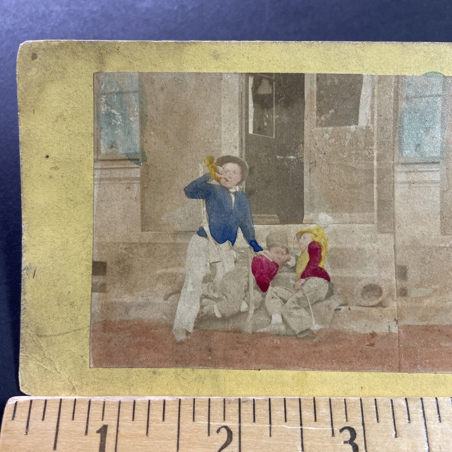 Antique 1860s Bugler Calls Medic For Injured Children Stereoview Photo Card 4048