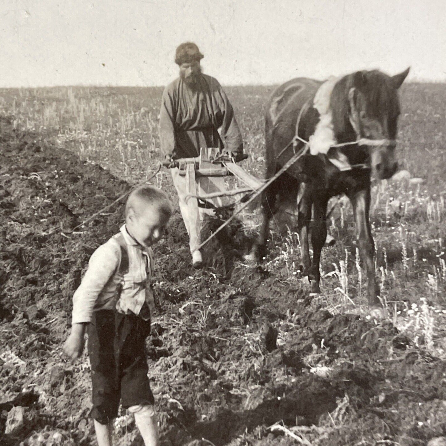 Antique 1910s Man & Boy Plowing Fields In Ukraine Stereoview Photo Card P4243