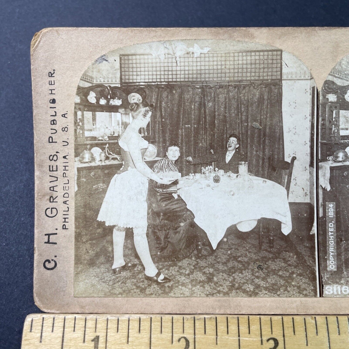 Antique 1894 Maid Servant Serves Dinner Undressed Stereoview Photo Card P2984