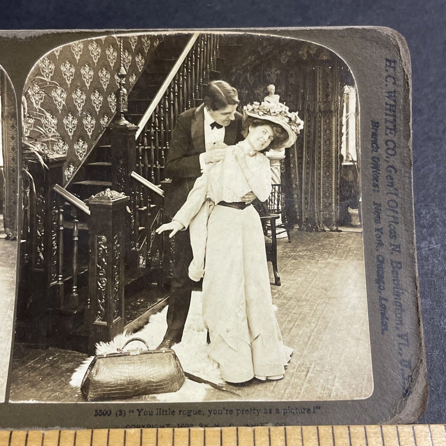 Antique 1903 Man Helps And Frisks Beautiful Woman Stereoview Photo Card P4675