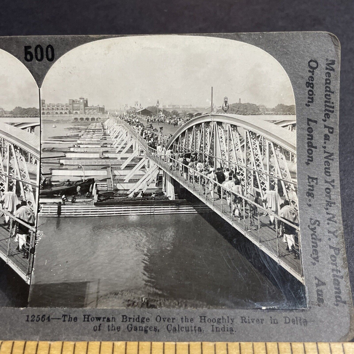 Antique 1910s Howrah Pontoon Bridge Calcutta India Stereoview Photo Card P4466