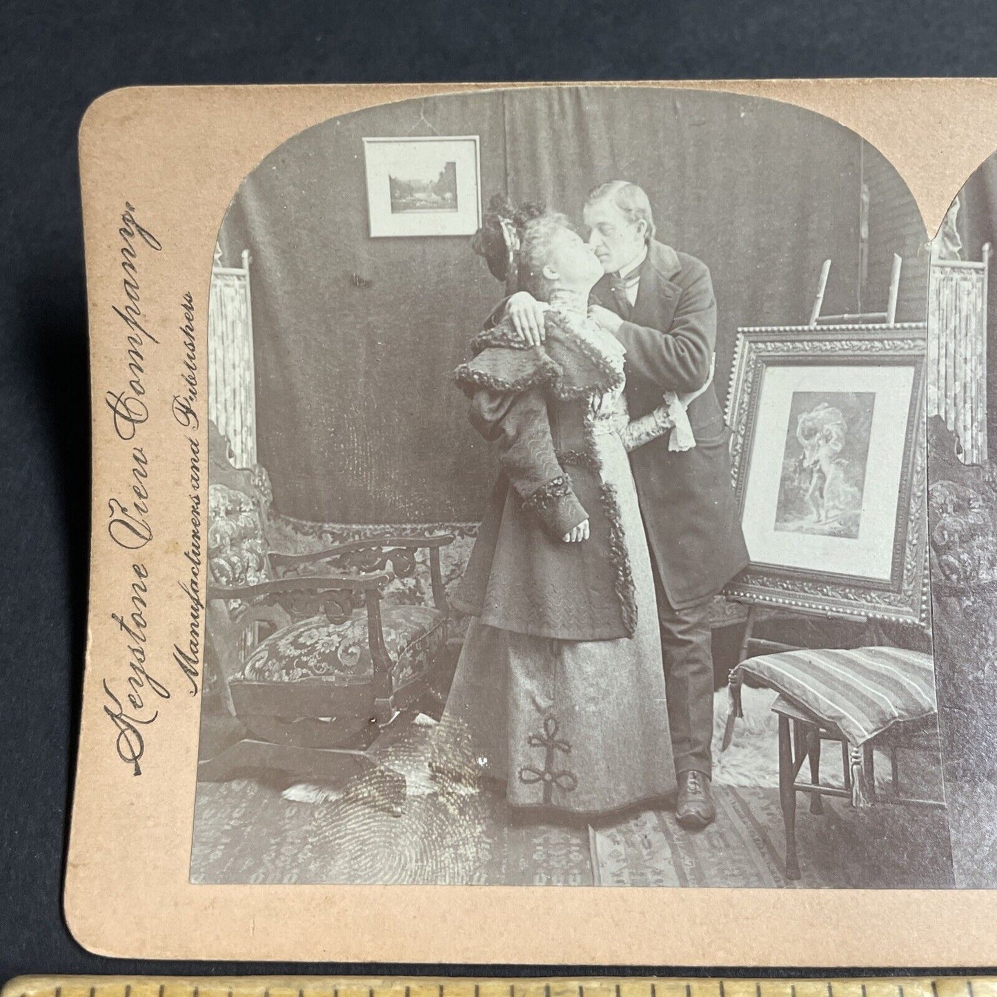 Antique 1899 Man Kisses Wealthy Woman Stereoview Photo Card P4652