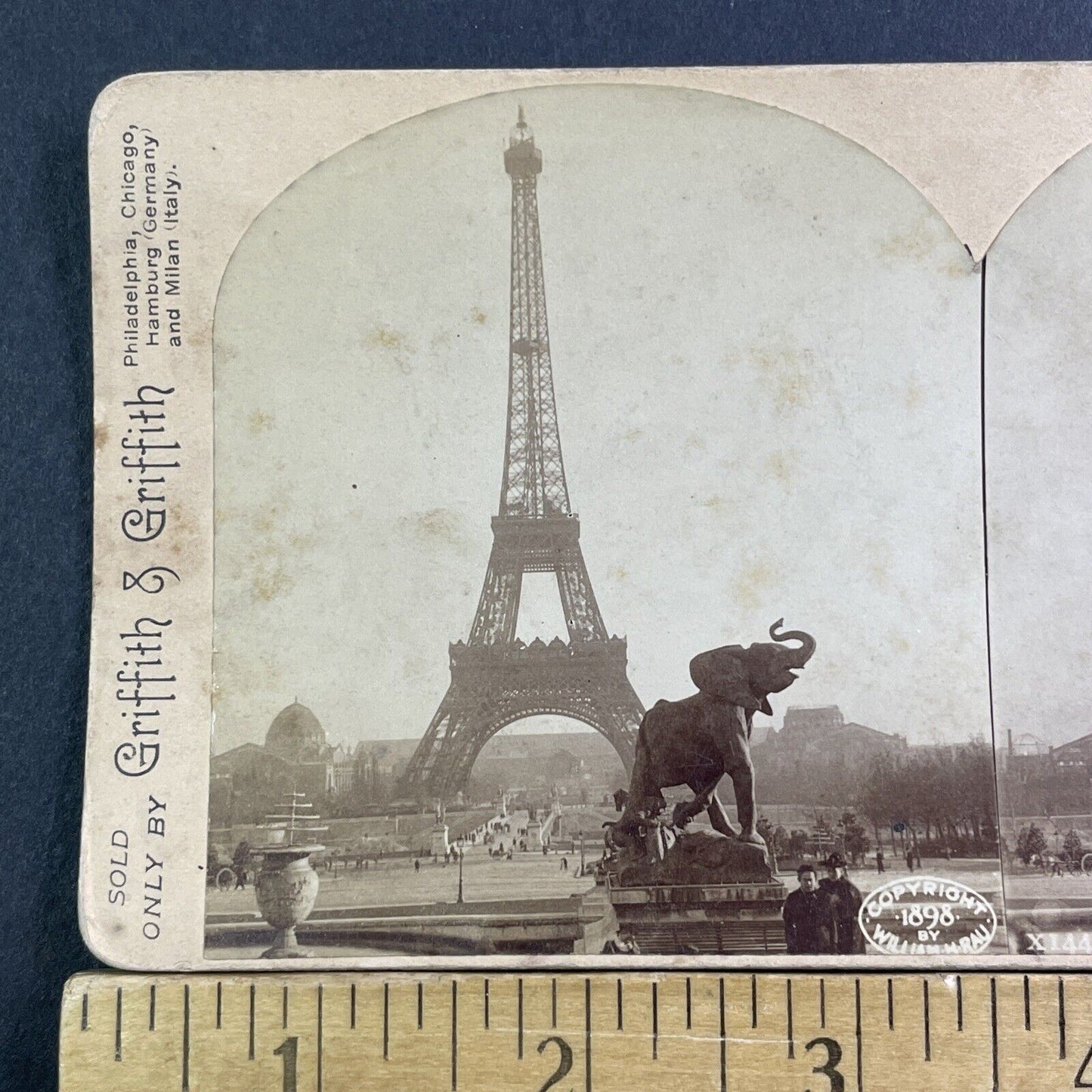 Eiffel Tower And Elephant Statue Stereoview Griffith Antique c1898 X1513