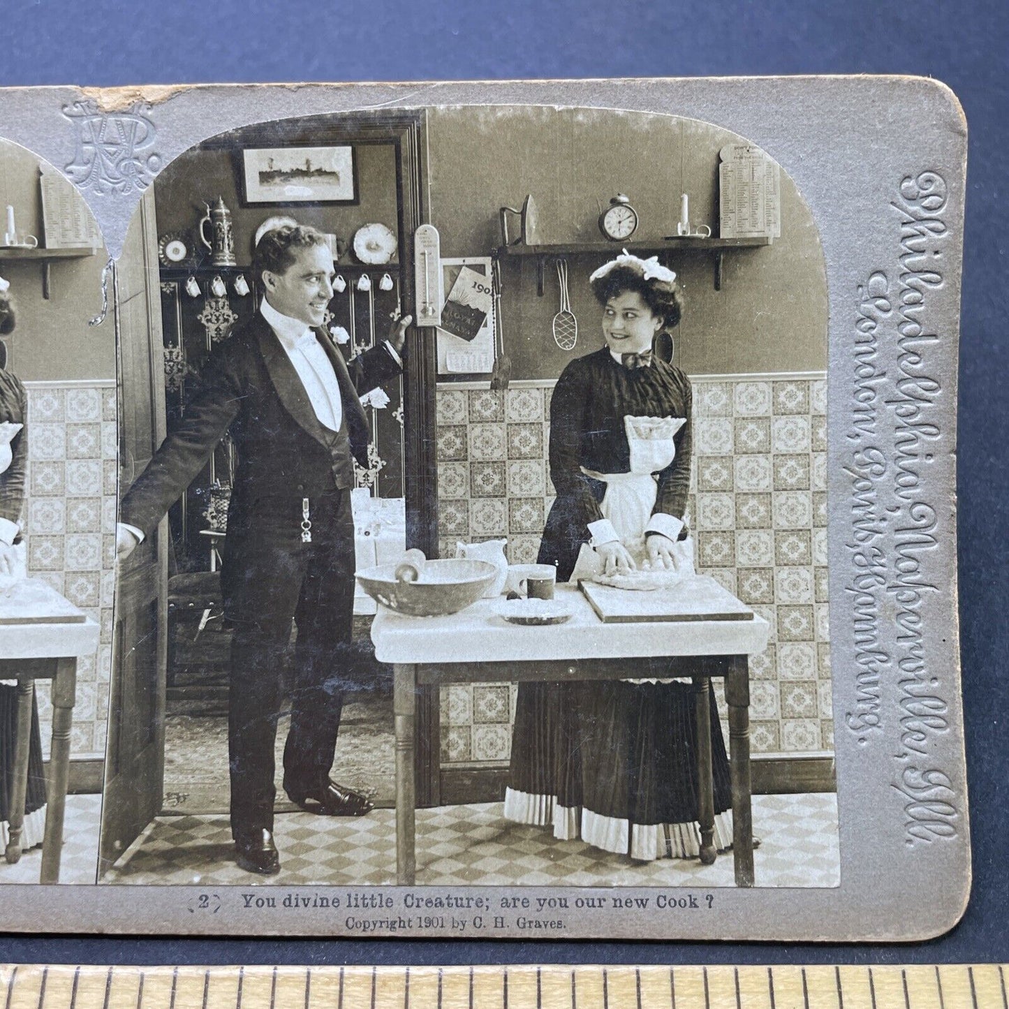 Antique 1901 Man Flirts With His New Maid Stereoview Photo Card P2579