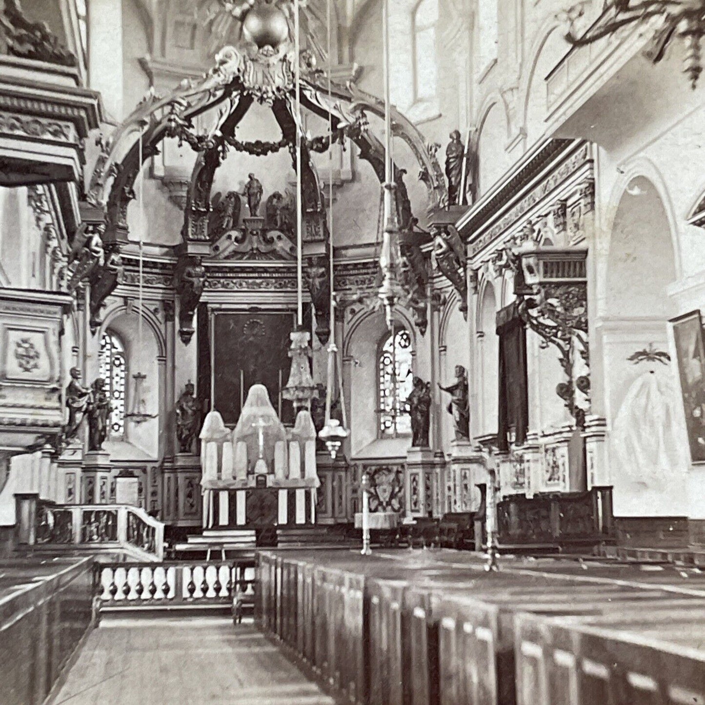 Cathedral Basilica Notre Dame Quebec Stereoview Jean Andrieu Antique c1870 X3284