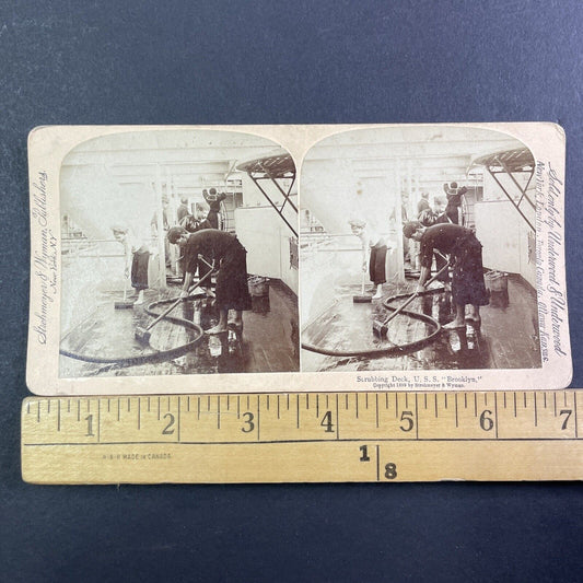 Teens Scrubbing The Deck Of USS Brooklyn Ship Stereoview Antique c1899 X3838