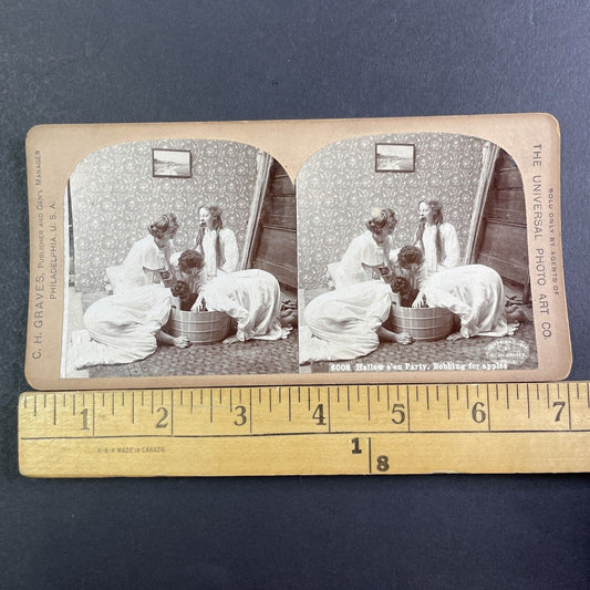 Women Bobbing For Apples Stereoview Halloween Party Antique c1899 X3251