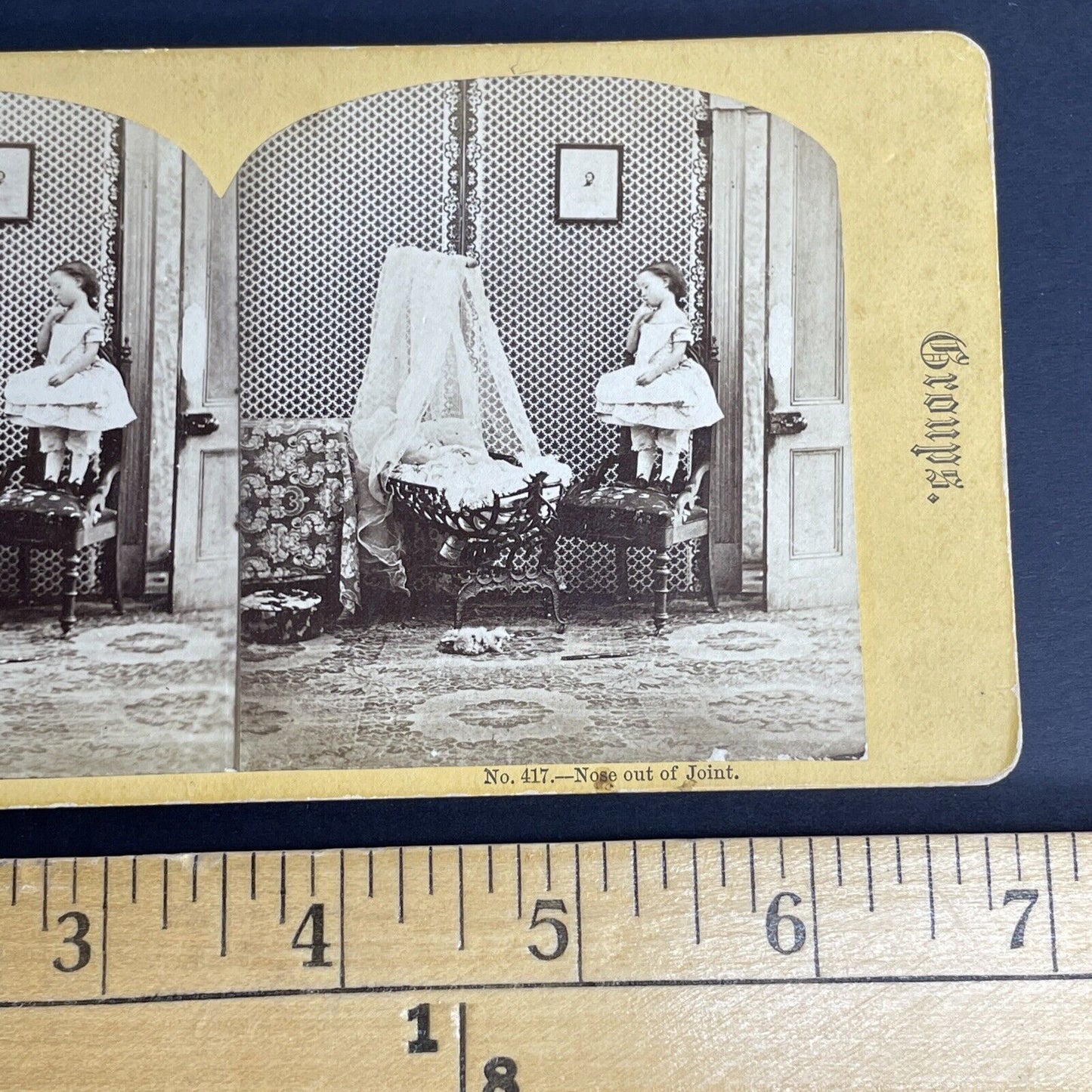 Antique 1865 Child And Baby In Front Room Stereoview Photo Card PC824