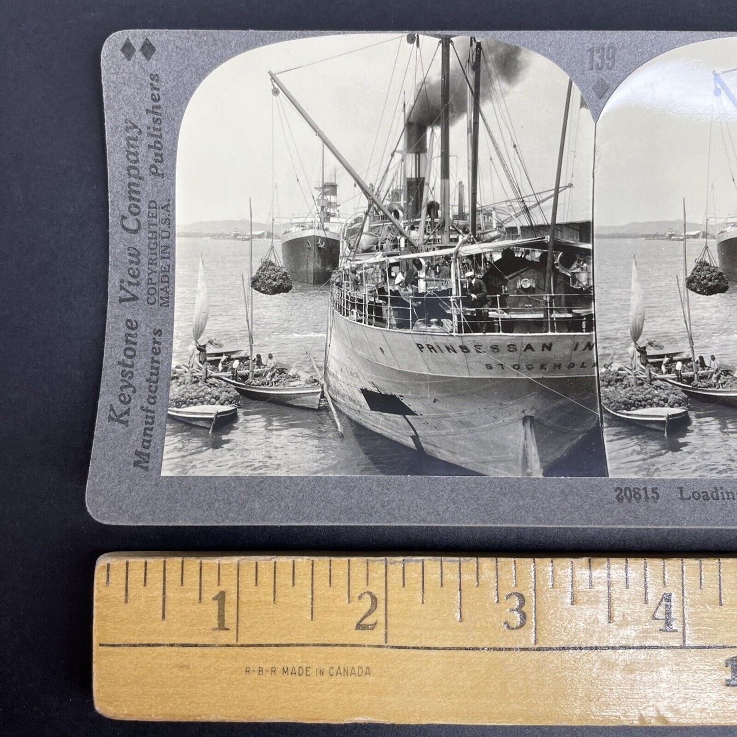 Antique 1908 Prinsessan Ingeborg Ship Loading Bananas Stereoview Photo Card P916