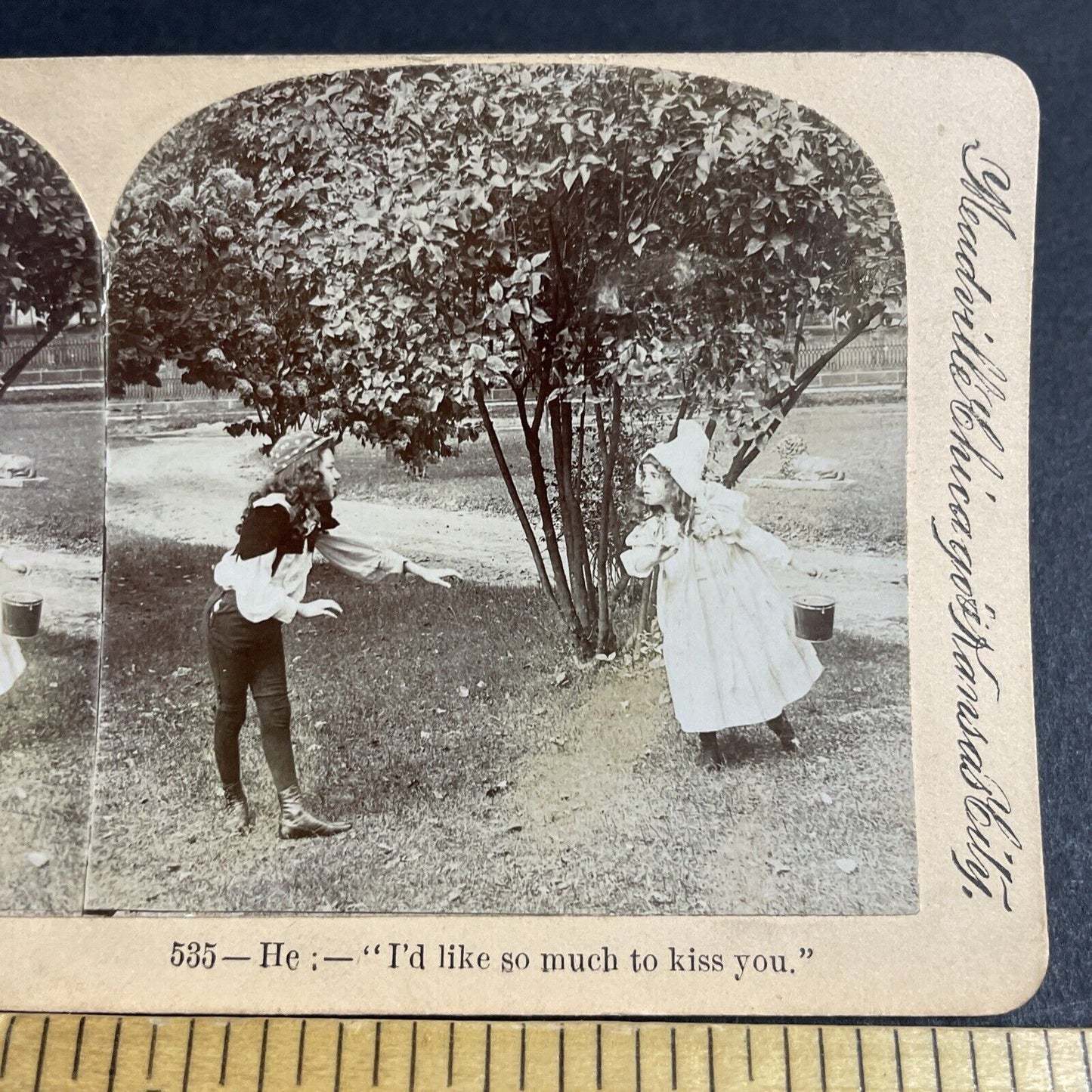 Antique 1893 Boy And Girl Ask For A Kiss Stereoview Photo Card P4735