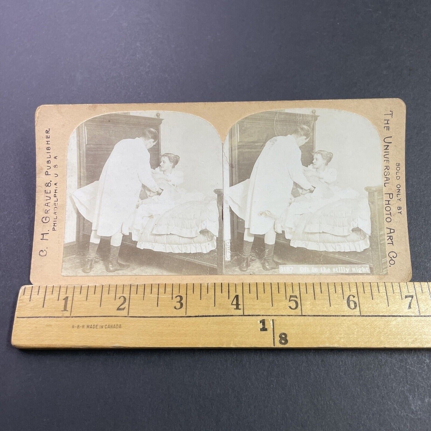 Antique 1880s Baby Wakes Parents In Middle Of Night Stereoview Photo Card P3469