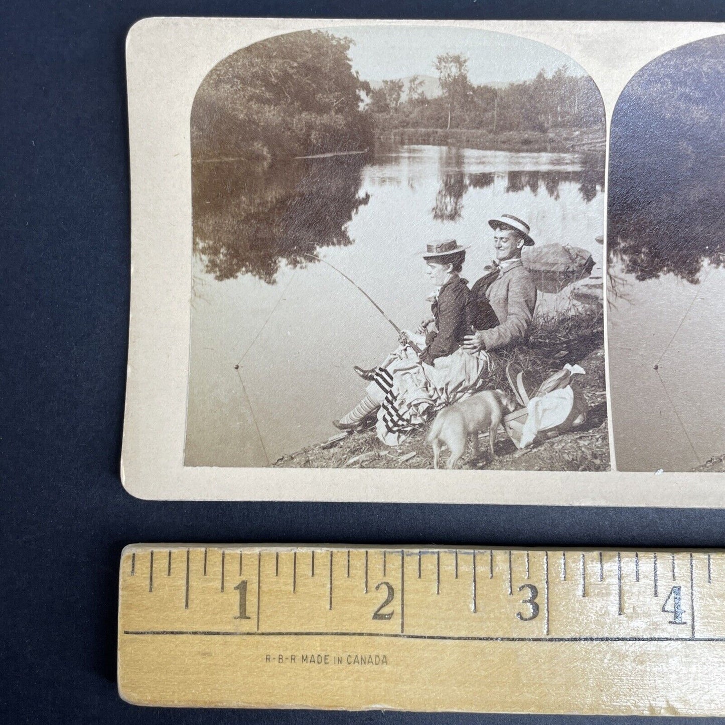 Antique 1880's Handsy Man & Woman Fishing Stereoview Photo Card PC801