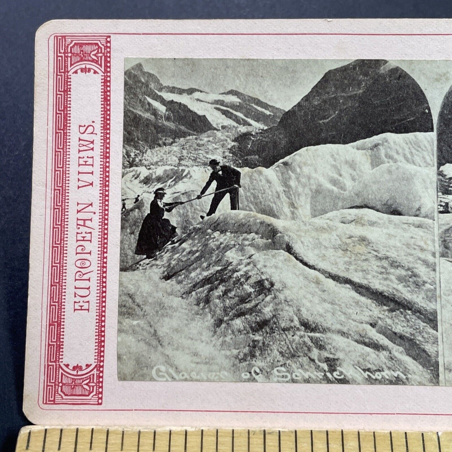 Antique 1870s Man Pulls Woman Up Chamonix Glacier Stereoview Photo Card P4139