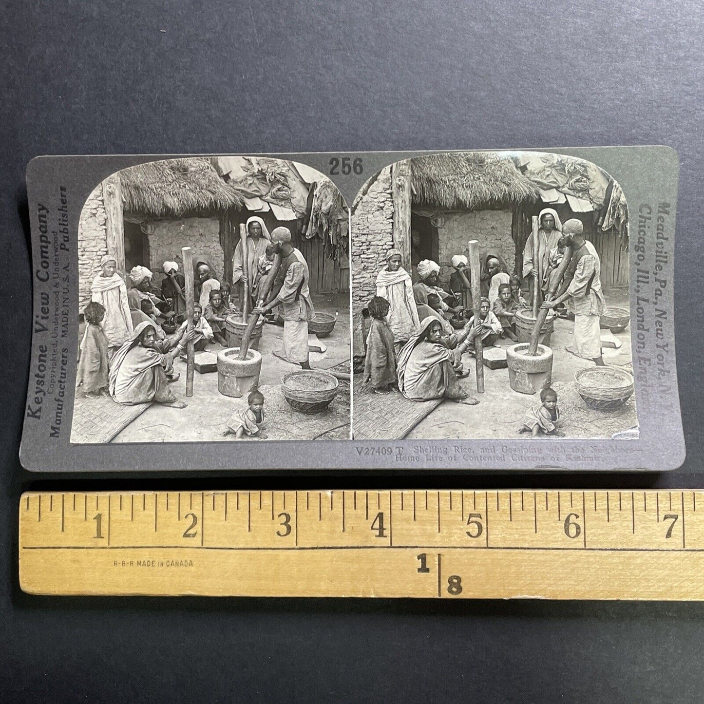 Antique 1918 Grinding Rice Near Srinagar India Stereoview Photo Card P1449