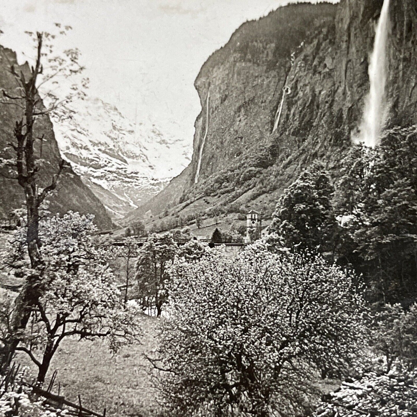 Antique 1910s Waterfall In Lauterbrunnen Switzerland Stereoview Photo Card P3668