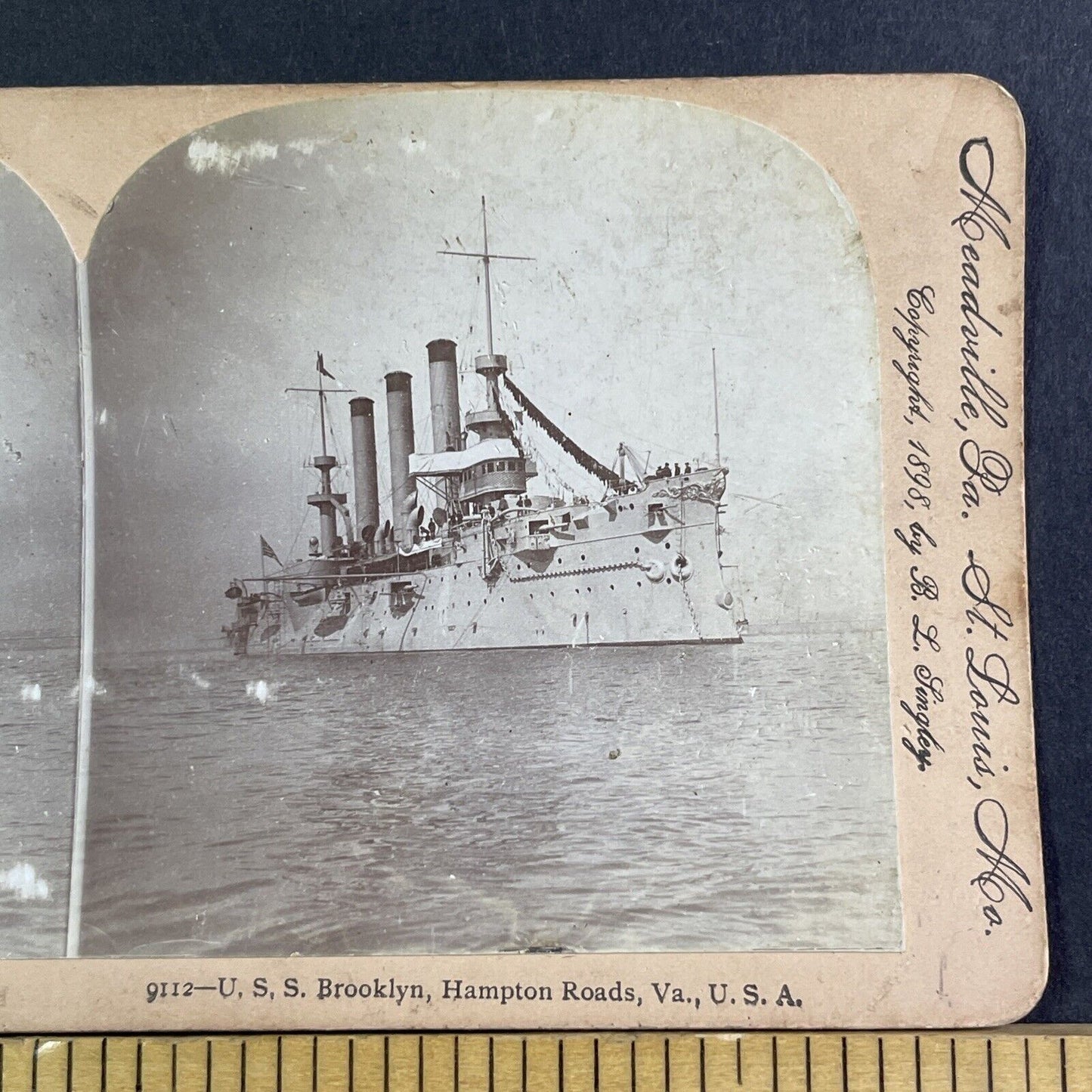 USS Brooklyn Naval US Navy Hampton Roads Virginia Stereoview Antique c1898 X3535