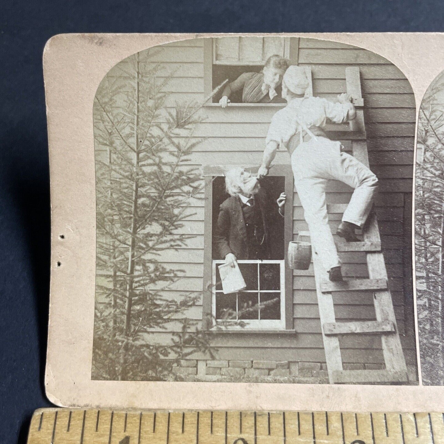 Antique 1870s Painter Paints Old Mans Face On Ladder Stereoview Photo Card P4060