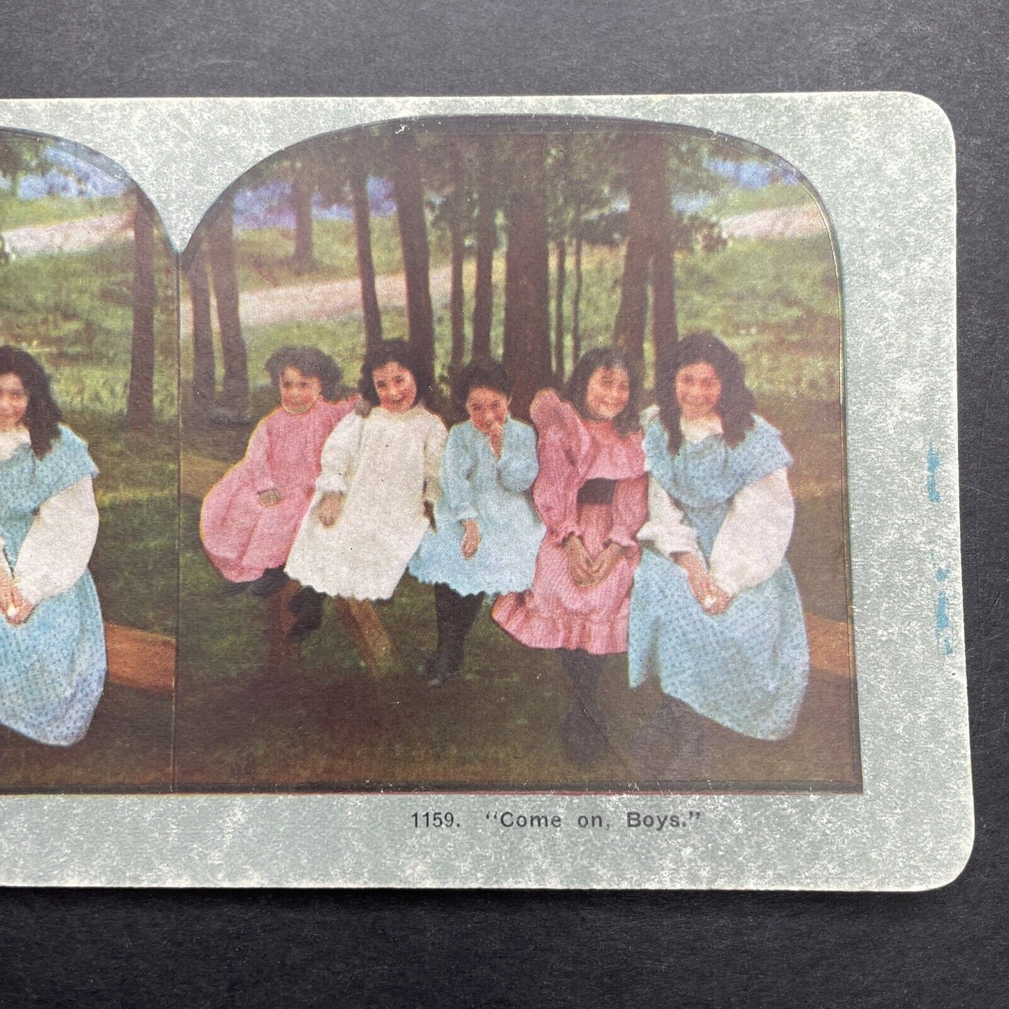 Antique 1898 Five Young Girls On A Bench Stereoview Photo Card P580-008