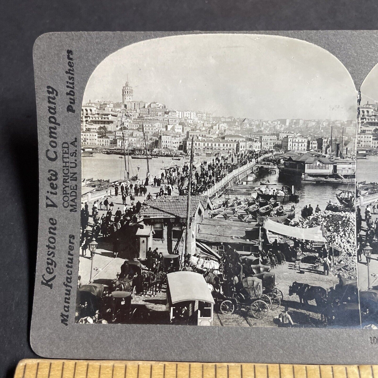 Antique 1909 Galata Bridge Istanbul Turkey Stereoview Photo Card P4253