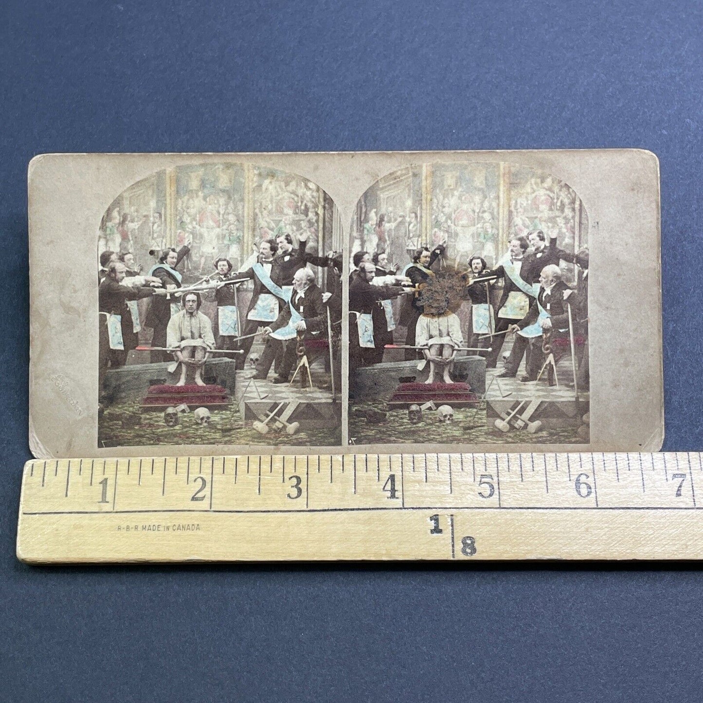 Antique 1860s Knight Kadosh Skull Ceremony Freemasons Stereoview Photo Card V473