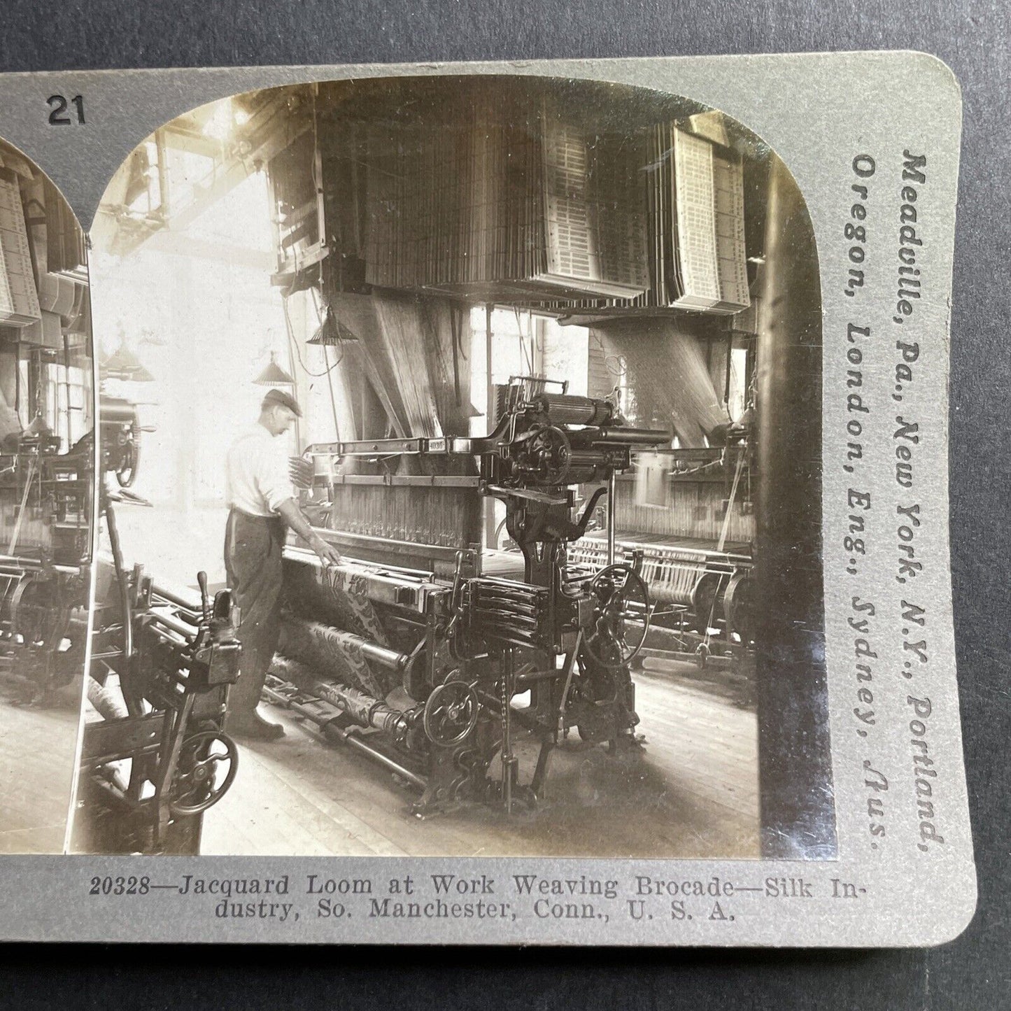 Antique 1914 Silk Weaving Machine Manchester CONN Stereoview Photo Card P1628