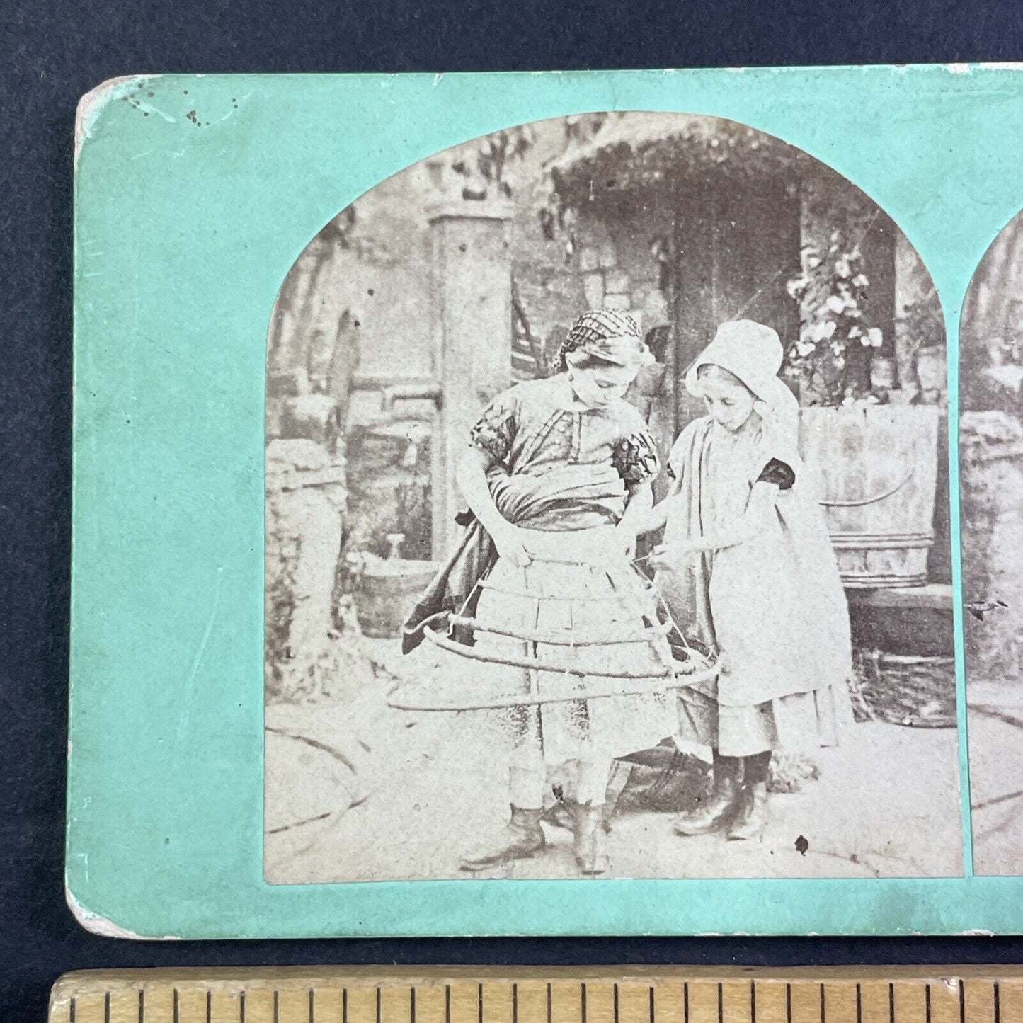 Girls Repair A Dress Crinoline Stereoview London England Antique c1855 X3658