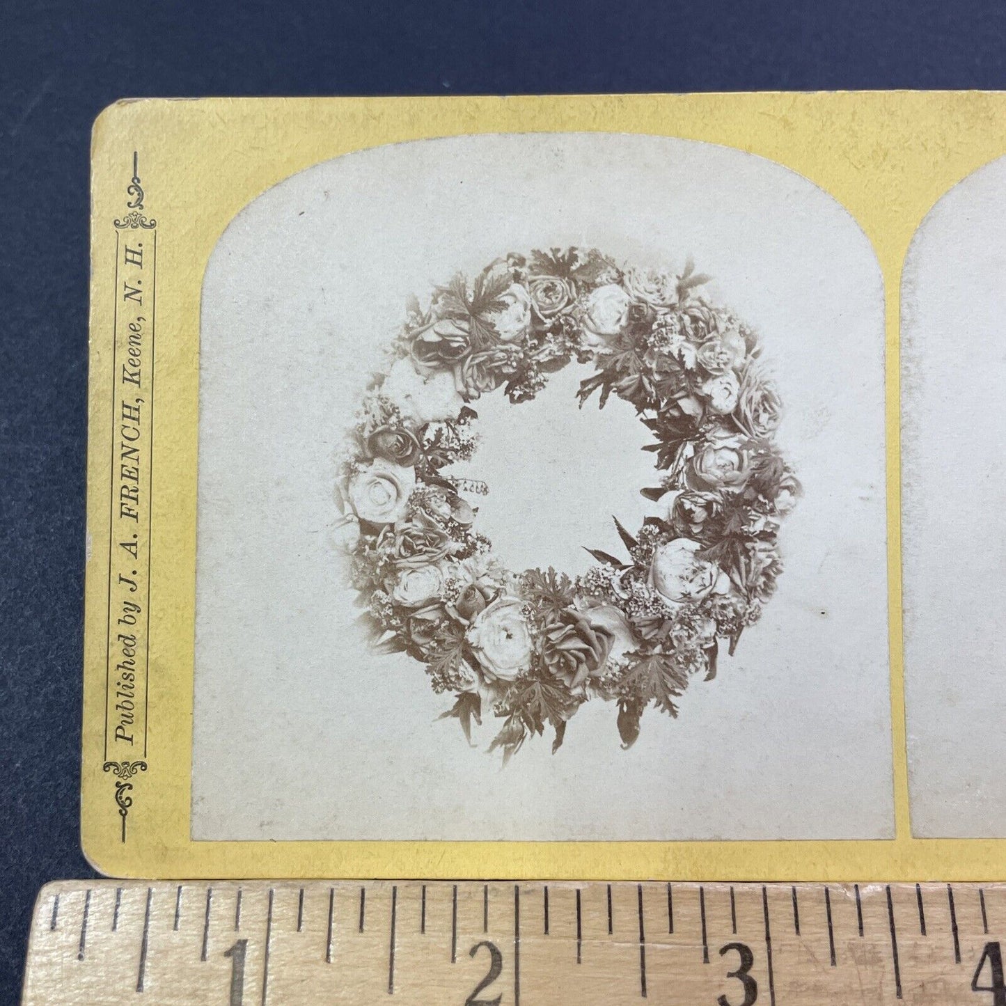 Antique 1870s Funeral Flowers Wreath Keene NH Stereoview Photo Card V1756