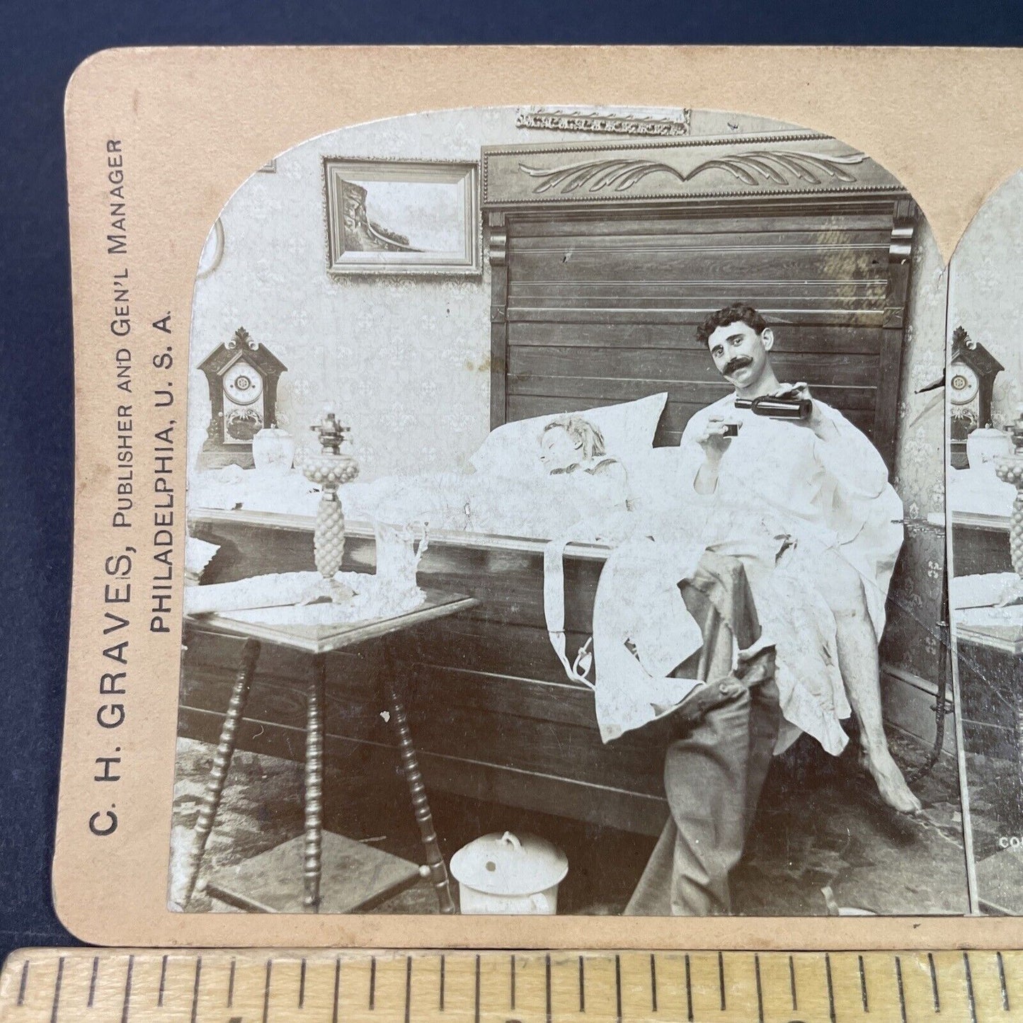 Antique 1897 Man Gets Drunk While Wife Sleeps Stereoview Photo Card P3346