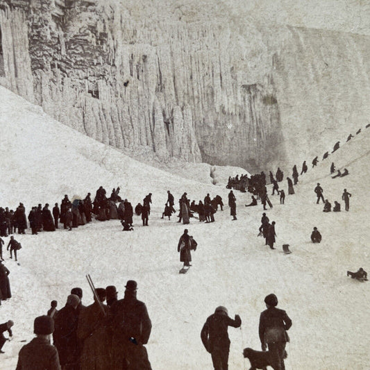 Antique 1893 Walking On Frozen Niagara Falls River Stereoview Photo Card P2349